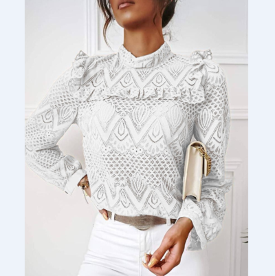 Spitzen Rüschensaum Aushöhlen Langarm Top