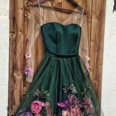 Sp1294,green v neck 3d applique short prom dress,long sleeves homecoming dress,sweetheart a-line graduation dresses  - Thumbnail 4