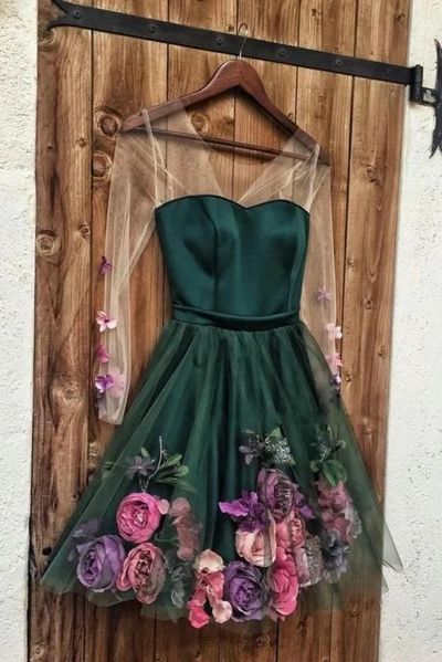 SP1294,Green V Neck 3D Applique Short Prom Dress,Long Sleeves Homecoming Dress,Sweetheart A-line Graduation Dresses 