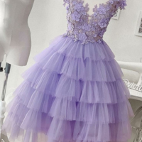 SP1296,Handmade Dresses Eye-Catching Lavender V-Neck Top Appliques Layered Tulle Homecoming Dresses,Cupcake Homecoming Dresses - Thumbnail 1