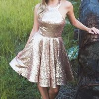 SP1301,Gold Shiny Sequin Halter Simple Homecoming Dresses,Sparkly Sequin Short Homecoming Dress - Thumbnail 1