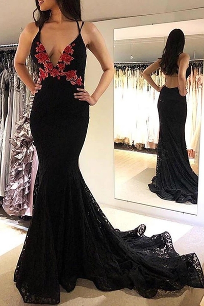 Chic Mermaid V Neck Black Lace Prom Evening Dresses with Appliques,Formal Party Dresses with Train