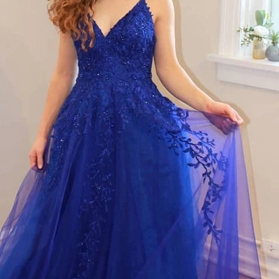 Princess a-line v neck open back royal blue lace prom evening dresses,formal party gowns - Thumbnail 5