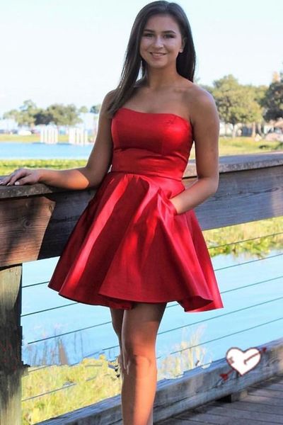 SP1308,Strapess Short Homecoming Dresses, 2020 Red Homecoming Dresses with Pockets