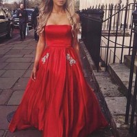 SP1309,Charming Red Long Prom Dresses with Pockets,Beaded Sleeveless Evening Dress - Thumbnail 1