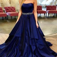 SP1310,A Line Prom Dresses,Long Prom Dress,Cheap Prom Dress,Strapless Prom Gown,Sexy Prom Dress,Navy Blue Prom Dresses,Long Evening Dress with Beaded - Thumbnail 1