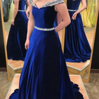 SP1311,A-Line Off-the-Shoulder Sweep Train Royal Blue Velvet Prom Dress - Thumbnail 1