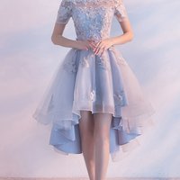 SP1267,Light Blue Off the Shoulder Lace Homecoming Dresses,Short High Low Prom Hoco Dress - Thumbnail 1
