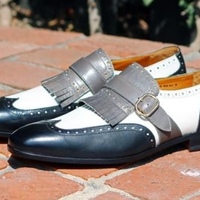 Classic New Black White With Grey Fringe Italian Wingtip Monk Christmas Shoes - Thumbnail 1