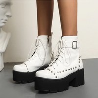 Leather Side Zip Black Gothic Harajuku Rivets Black Boots - Thumbnail 4