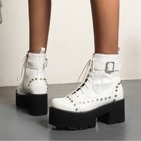 Leather Side Zip Black Gothic Harajuku Rivets Black Boots - Thumbnail 5