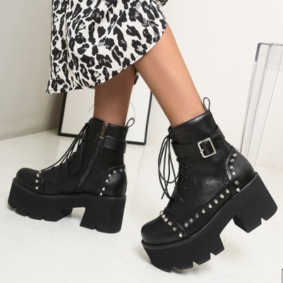Leather Side Zip Black Gothic Harajuku Rivets Black Boots