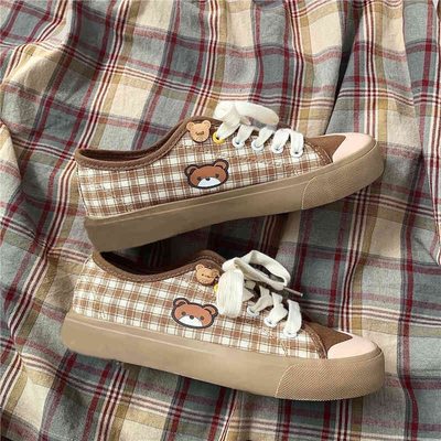 Cute plaid canvas bear sneakers - Thumbnail 3