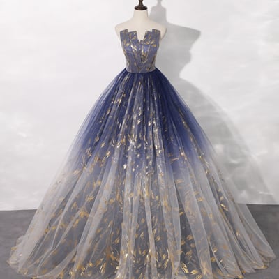 Blue tulle long prom gown blue evening dress