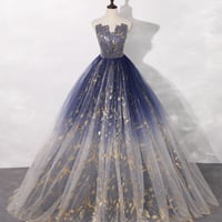Blue tulle long prom gown blue evening dress - Thumbnail 4