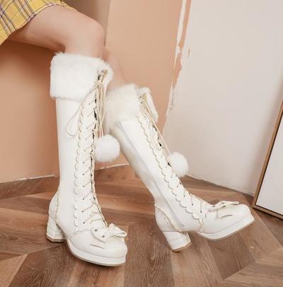 Bowknot Lace Up Knee Boots - 3 colors
