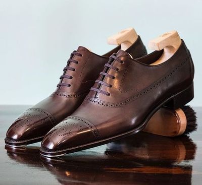 Handmade Chocolate Brown Cap Toe Brogue Lace Up Leather Men's Wedding Shoes