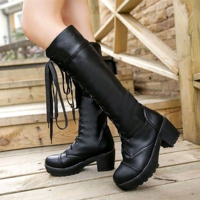 Black white lace up knee high boots 