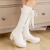 Black White Lace Up Knee High Boots  - Thumbnail 3