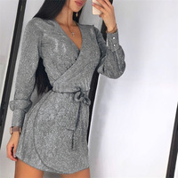 Sexy Slim V-Neck Sequins Long-Sleeved Dress - Thumbnail 1