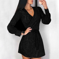 Sexy Slim V-Neck Sequins Long-Sleeved Dress - Thumbnail 2