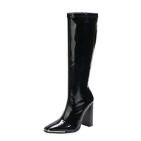 Super High Heel Rider Boots Thick Heel Long Boots Patent Leather Metal Square Toe High Boots G5740 - Thumbnail 4