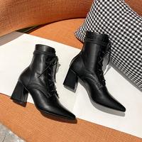 Chun-heel Martin Boots 2020 Spring And Autumn New Lace-up Pointed High-heeled Short boots F7620 - Thumbnail 1