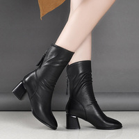 New Women's Leather Boots Thick Heel Black And Velvet British Style High Heel Boots G7413 - Thumbnail 2