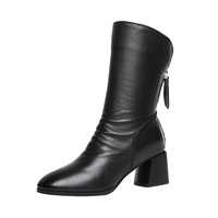 New Women's Leather Boots Thick Heel Black And Velvet British Style High Heel Boots G7413 - Thumbnail 5
