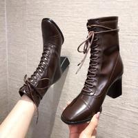 Autumn and winter 2020 new European And American Square Toe High-heeled Thick Heel Fashion Boots With European And American Short Boots Women F8410 - Thumbnail 2