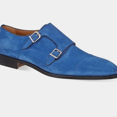 Elegant blue cap toe handmade double monk suede formal wear shoes