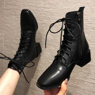 Short boots women's autumn and winter new style square toe thick heel lace-up martin boots mid-up boots for women j6742