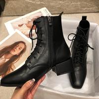 Short Boots Women's Autumn and Winter New Style Square Toe Thick Heel Lace-up Martin Boots Mid-up Boots For Women J6742 - Thumbnail 3