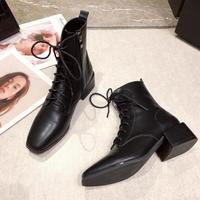 Short Boots Women's Autumn and Winter New Style Square Toe Thick Heel Lace-up Martin Boots Mid-up Boots For Women J6742 - Thumbnail 5
