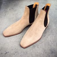 Handmade Men Beige Suede Chelsea Boots, Ankle High Boot - Thumbnail 1