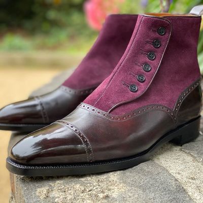 Handmade men button boot collection dark brown leather purple suede button fastening closure dress boot - Thumbnail 5
