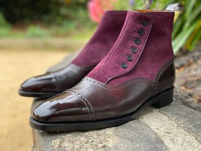 Handmade Men Button Boot Collection Dark Brown Leather Purple Suede Button Fastening Closure Dress Boot