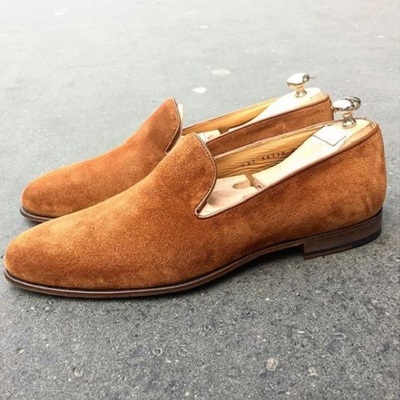 Handmade men’s tan color suede leather shoes, brown slip on dress loafers - Thumbnail 3