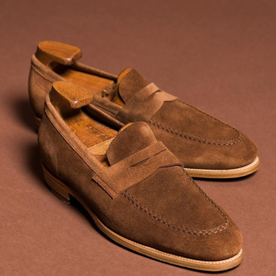 Handmade men’s dark brown color suede leather shoes, gentleman slip on dress penny loafers