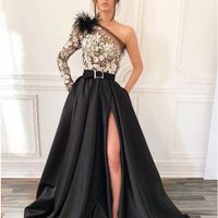 Fashion Elegant One Shoulder Black Split Prom Dresses, Evening Party Dresses - Thumbnail 1