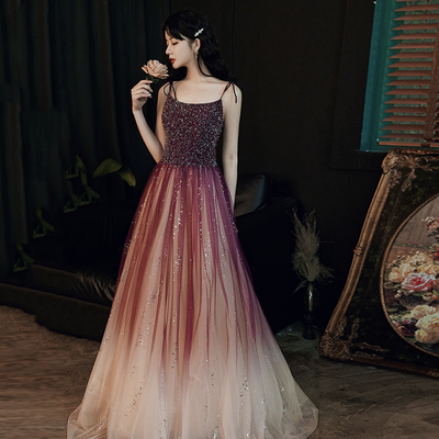 Burgundy tulle beads long prom dress evening dress