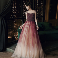 Burgundy tulle beads long prom dress evening dress - Thumbnail 2