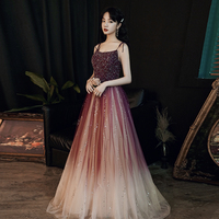 Burgundy tulle beads long prom dress evening dress - Thumbnail 1