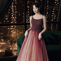 Burgundy tulle beads long prom dress evening dress - Thumbnail 3