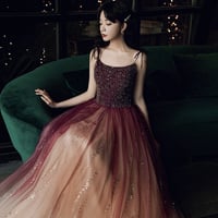 Burgundy tulle beads long prom dress evening dress - Thumbnail 4
