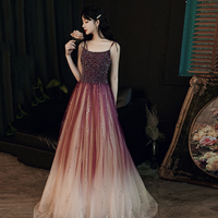 Burgundy tulle beads long prom dress evening dress - Thumbnail 5