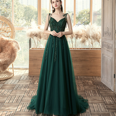 Green tulle lace long prom dress evening dress
