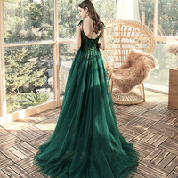Green tulle lace long prom dress evening dress - Thumbnail 5