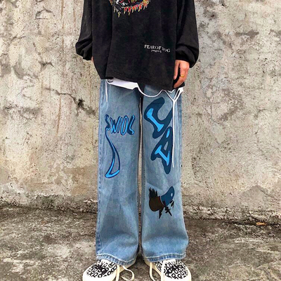 Graffiti print jeans denim pants