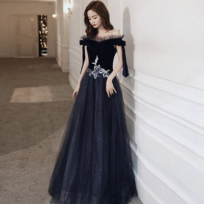 Blue velvet tulle long prom dress evening dress